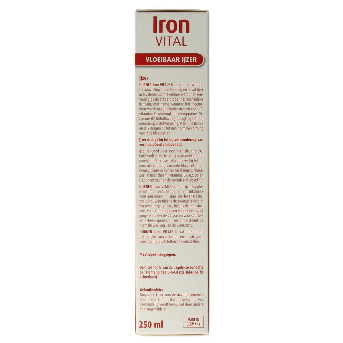 Hubner Iron Vital mineral supplement bottle, 250ml, with dropper cap, showing the product label and packaging.