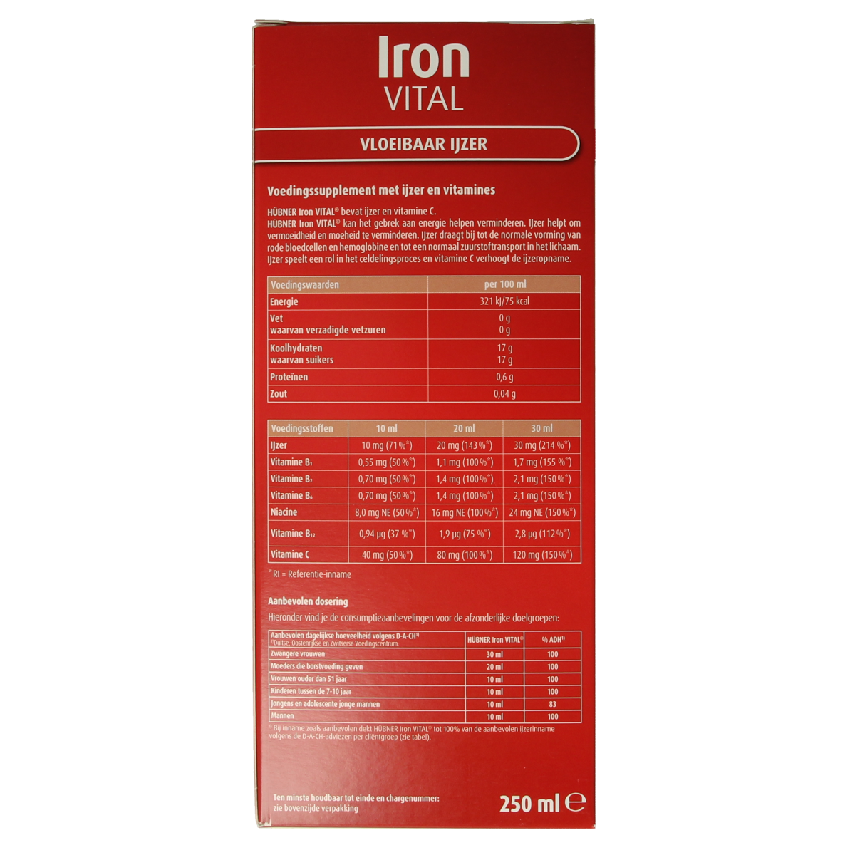 Bottle of Hubner Iron Vital mineral supplement, 250ml, in a clear container with a white cap, labeled with product details.