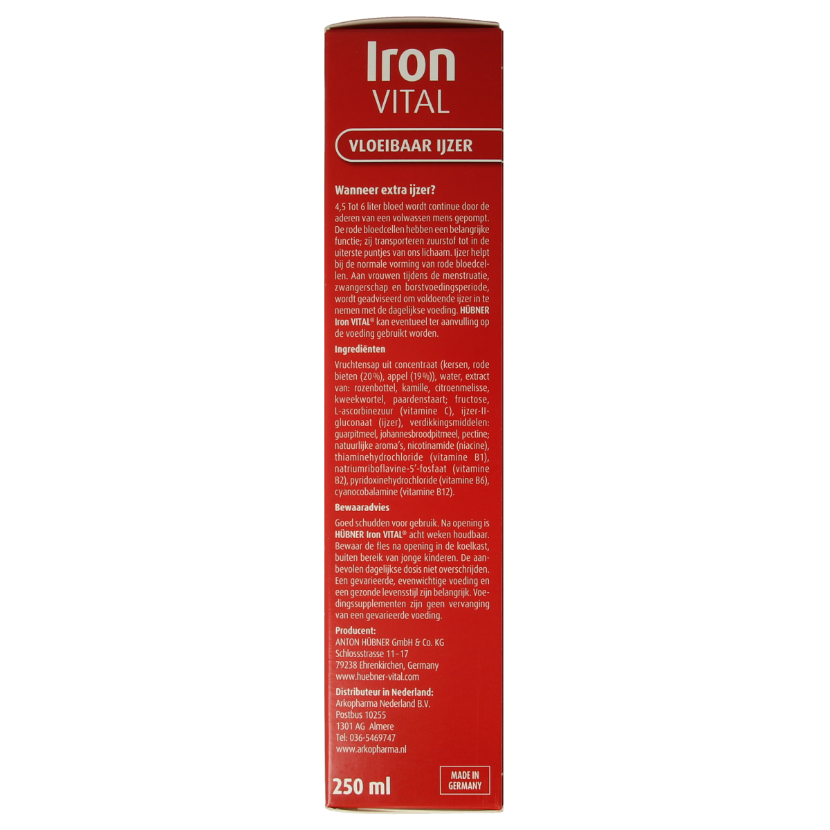 Bottle of Hubner Iron Vital mineral supplement, 250ml, showing the label and packaging of the dietary supplement.