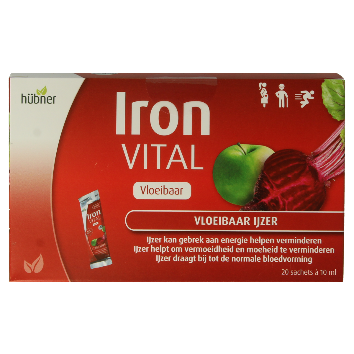 Bottle of Hubner Iron Vital liquid iron supplement in a 20x10ml pack, featuring the mineral supplement brand.