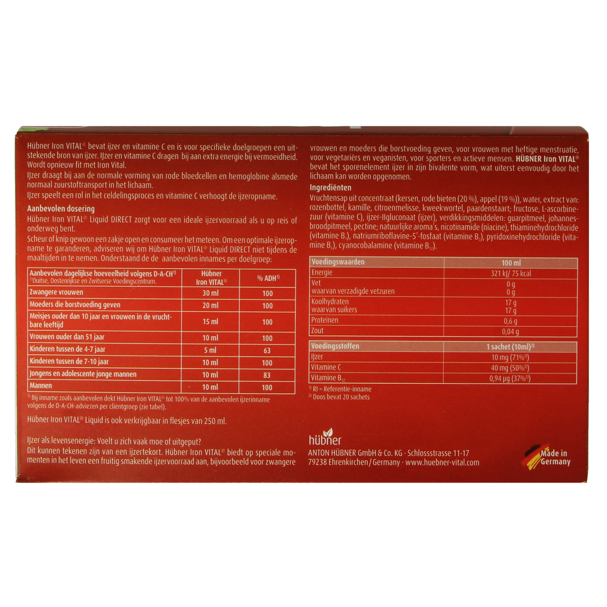 Bottle of Hubner Iron Vital liquid iron supplement in 10ml bottles, shown in a group of 20.