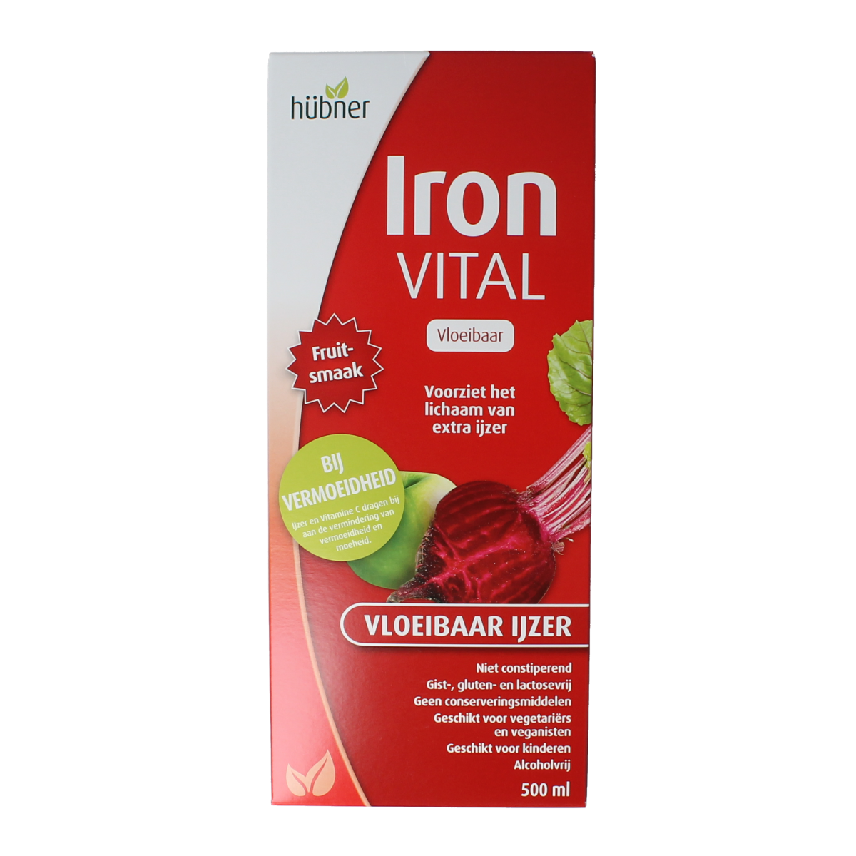 Hubner Iron Vital vloeibaar ijzer XL mineralen supplement in 500ml bottle, showing the product bottle with label and cap.