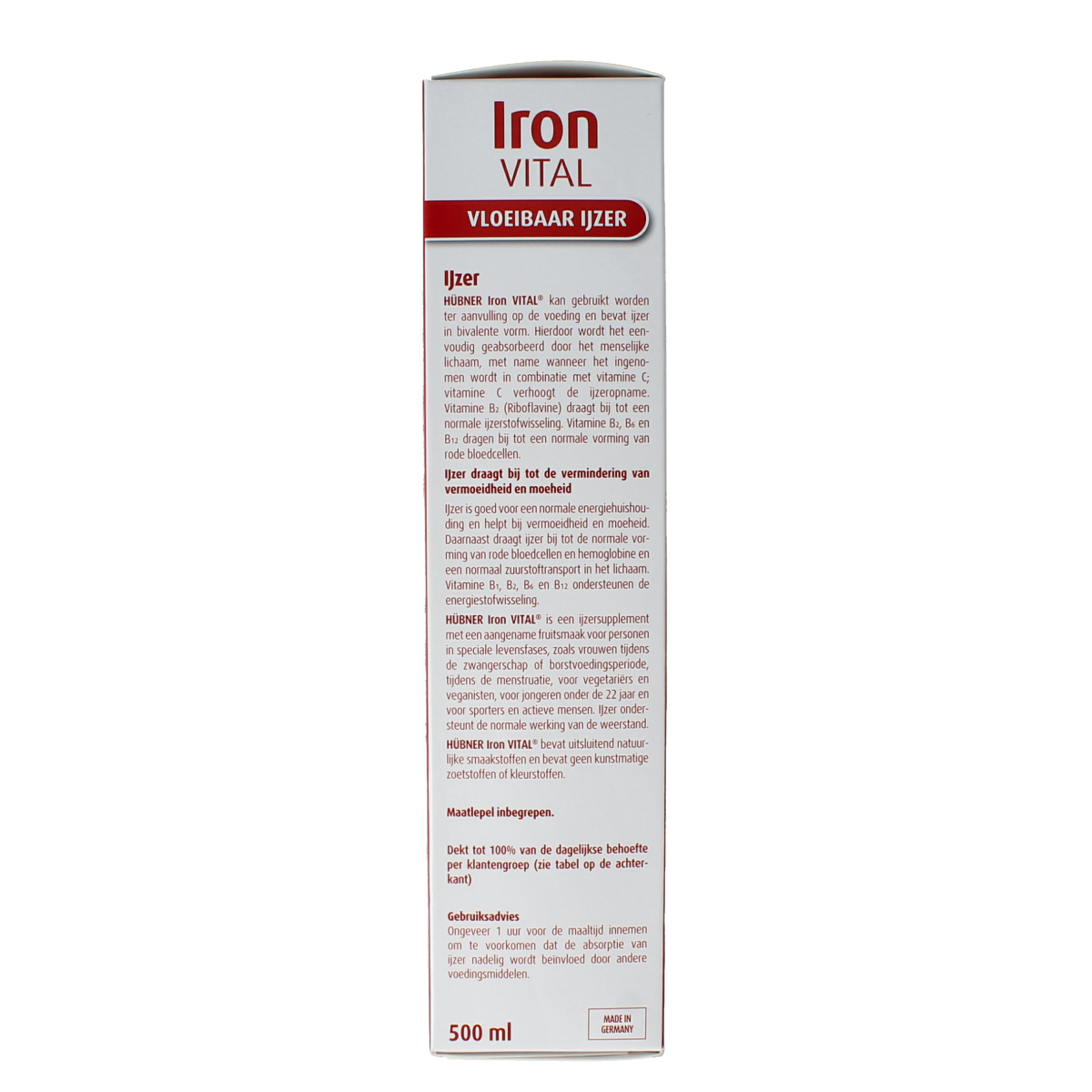 Bottle of Hubner Iron Vital liquid iron supplement in 500ml, with mineral content, shown in a clear container.