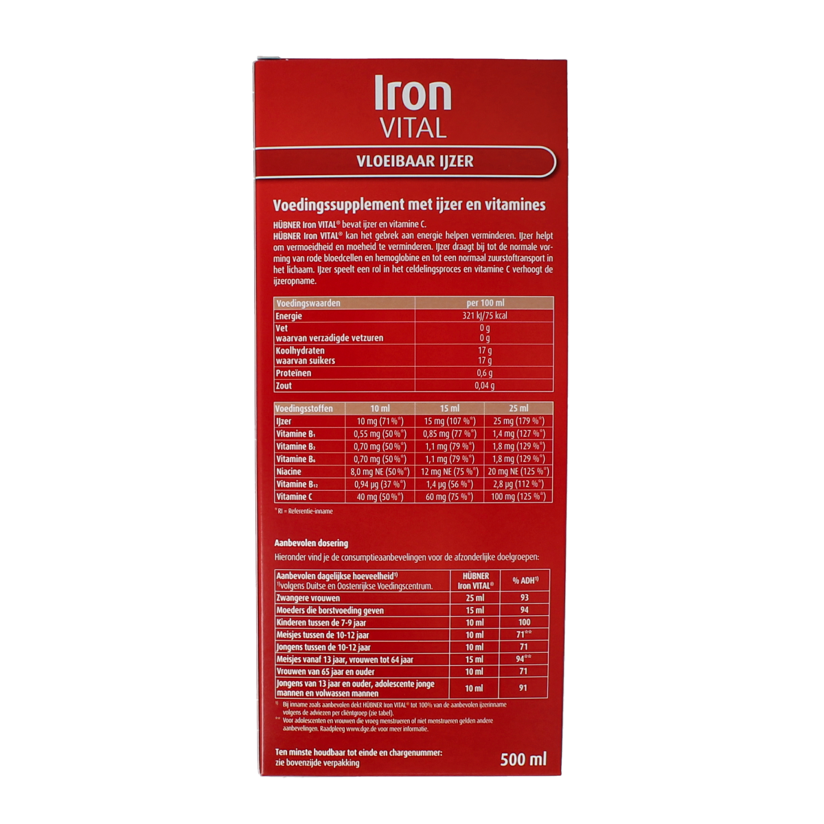 Hubner Iron Vital vloeibaar ijzer XL mineralen supplement in 500ml bottle, rich in iron for supporting healthy blood.