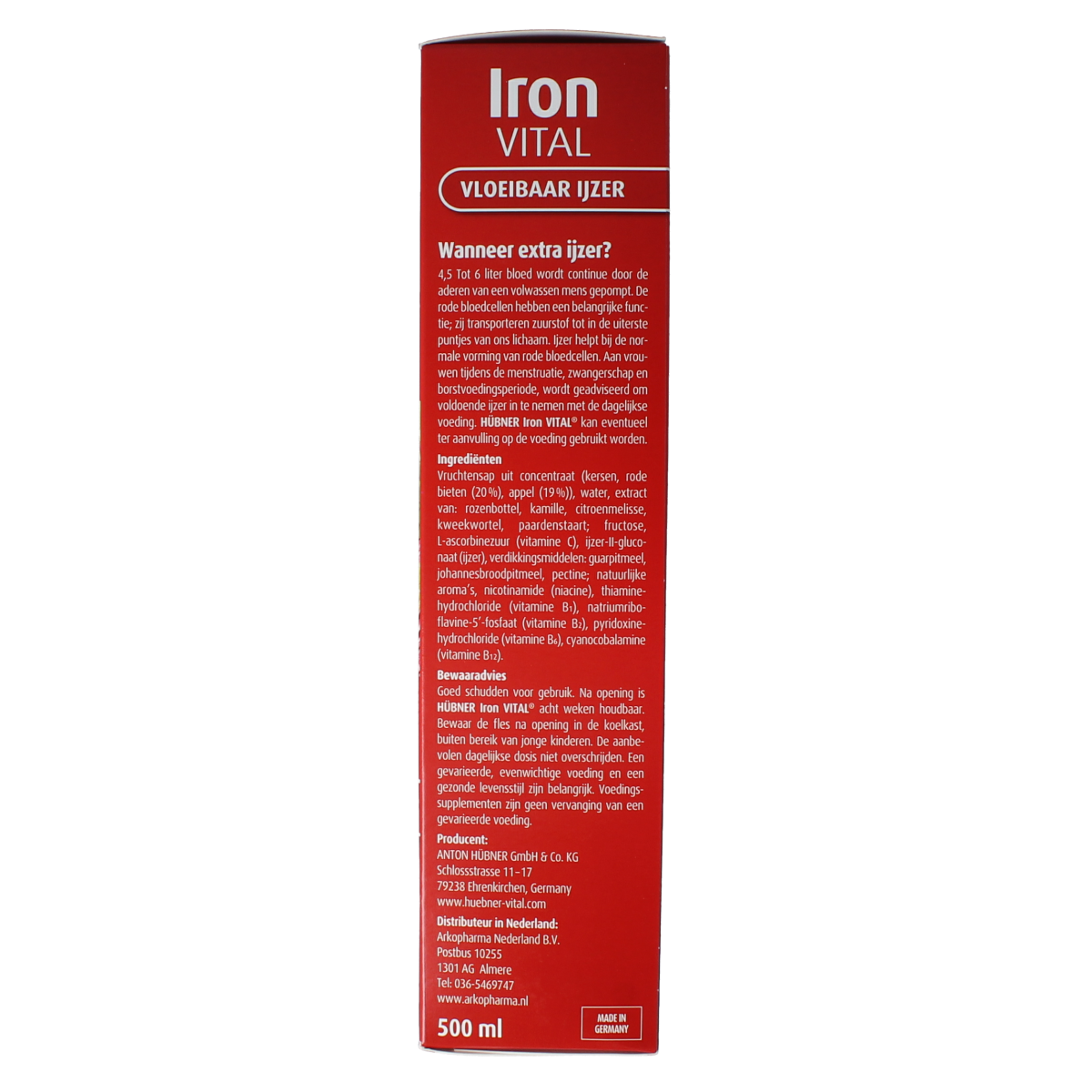 Bottle of Hubner Iron Vital Liquid Iron XL supplement in a 500ml bottle, with product label visible.