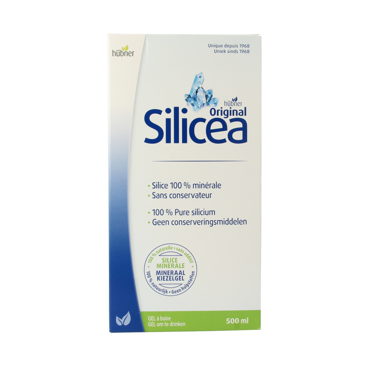 Hubner Original Silicea Balsem Kiezelgel in 500ml bottle, natural mineral supplement with clear gel appearance.