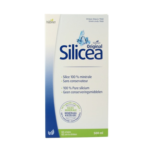 Hubner Original Silicea Balsem Kiezelgel in 500ml bottle, natural mineral supplement with clear gel appearance.