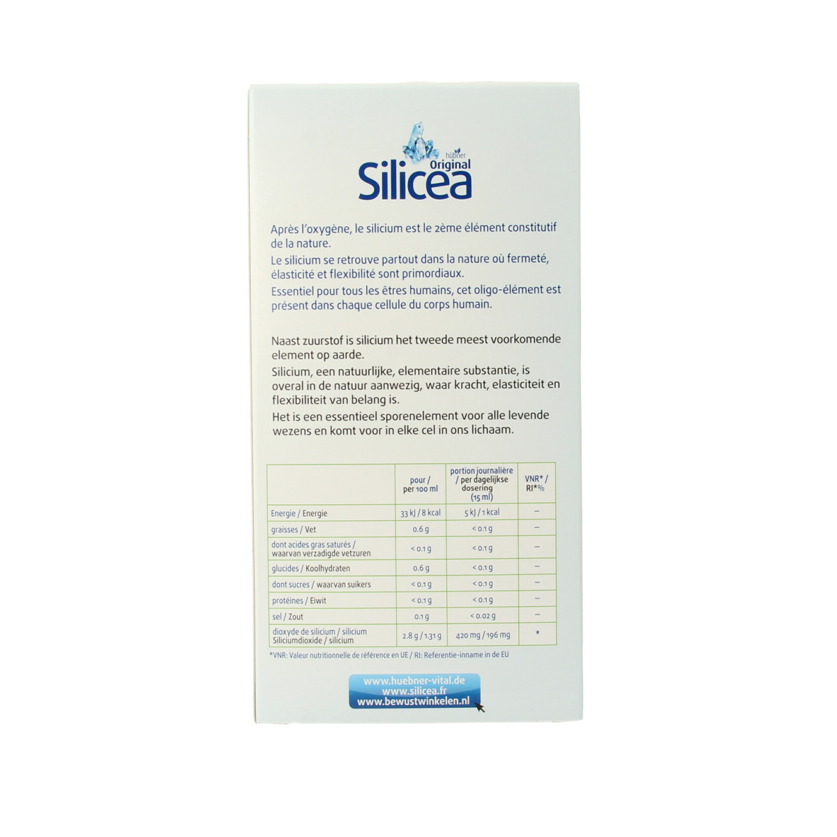 Hubner Original Silicea Balsem with mineral gel in a 500ml bottle, natural mineral supplement for skin and health.