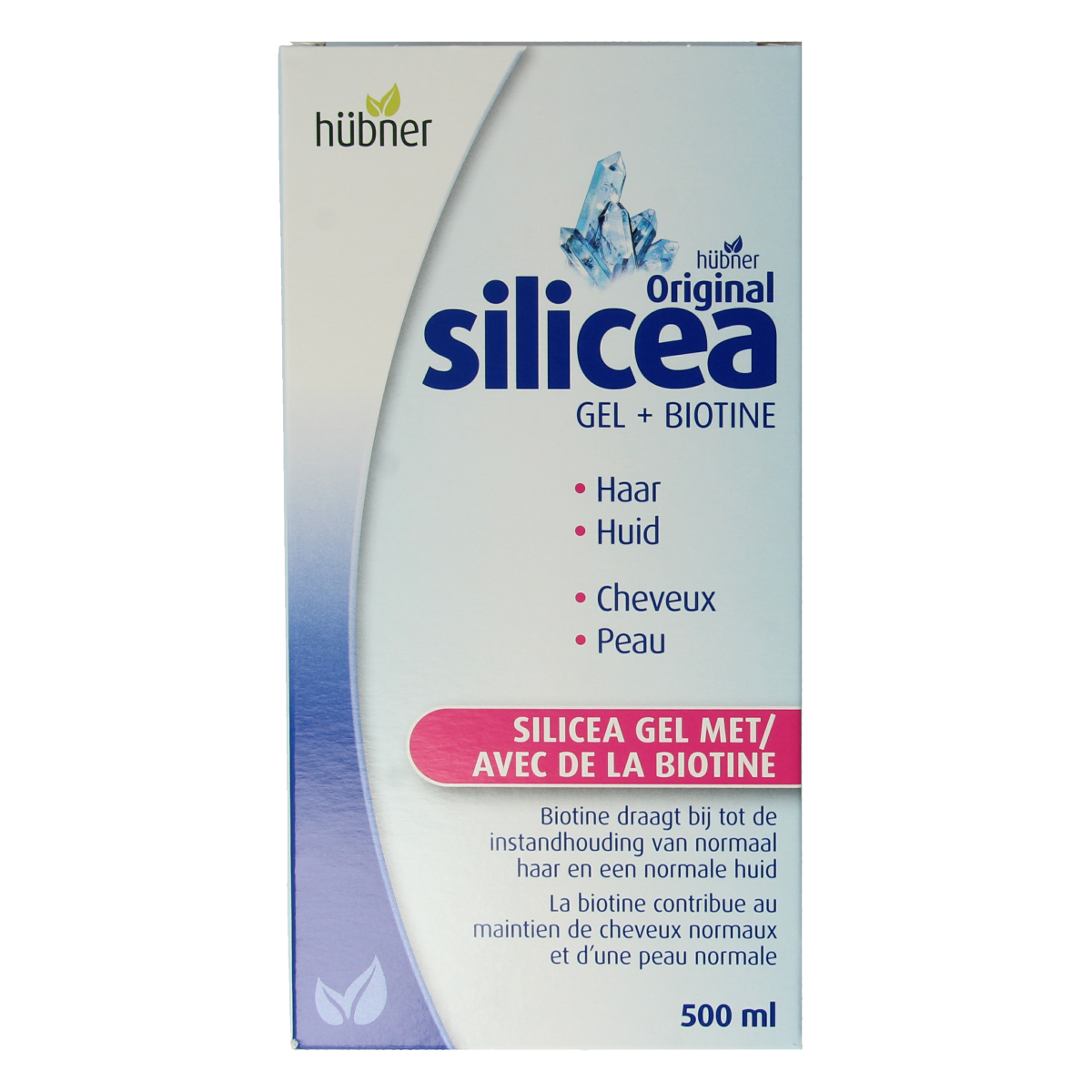 Hubner Silicea silicium gel with biotin in a 500ml bottle, mineral supplement for healthy skin, hair, and nails.