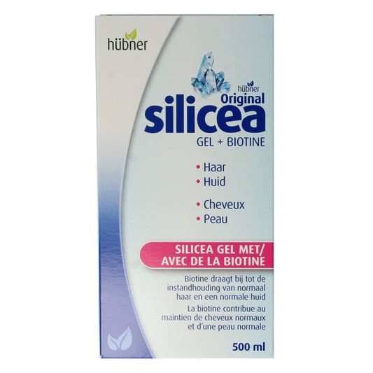 Hubner Silicea silicium gel with biotin in a 500ml bottle, mineral supplement for healthy skin, hair, and nails.
