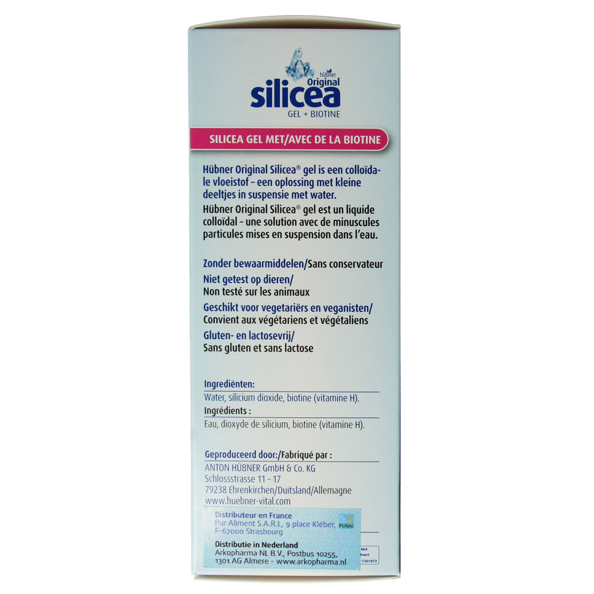 Hubner Silicea silicium gel with biotine, 500ml mineral supplement for healthy skin, hair, and nails, in a clear gel bottle.
