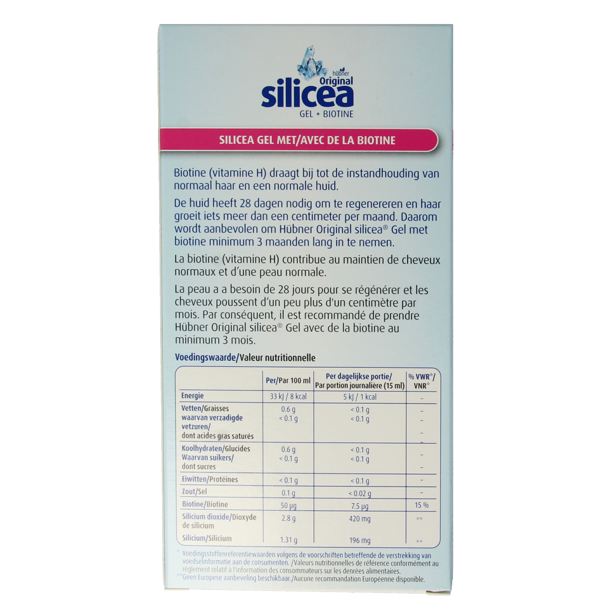 Hubner Silicea silicium gel with biotin in a 500ml bottle, a natural mineral supplement for healthy hair and skin.