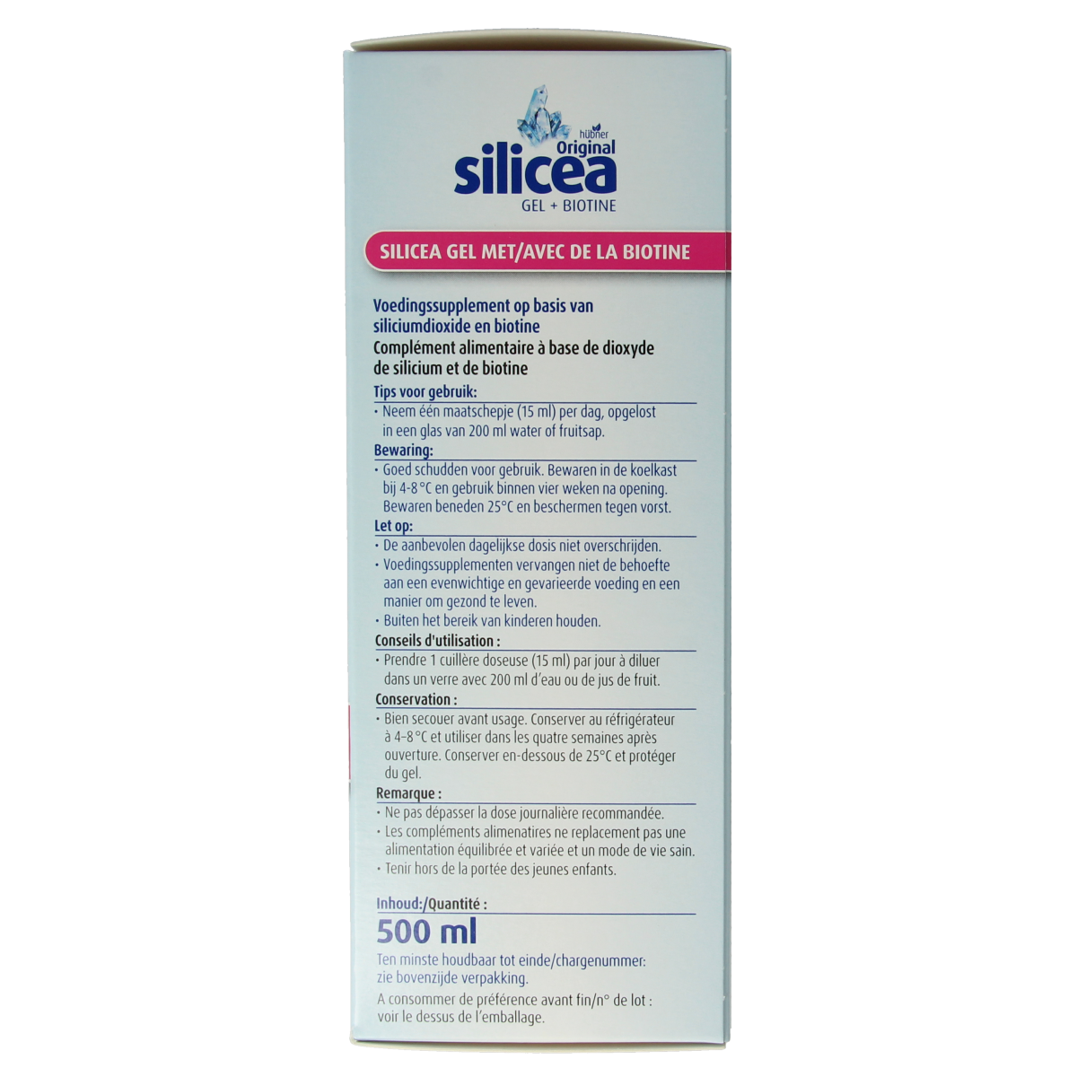 Hubner Silicea silicium gel with biotin in a 500ml bottle, natural mineral supplement for skin, hair, and nails.