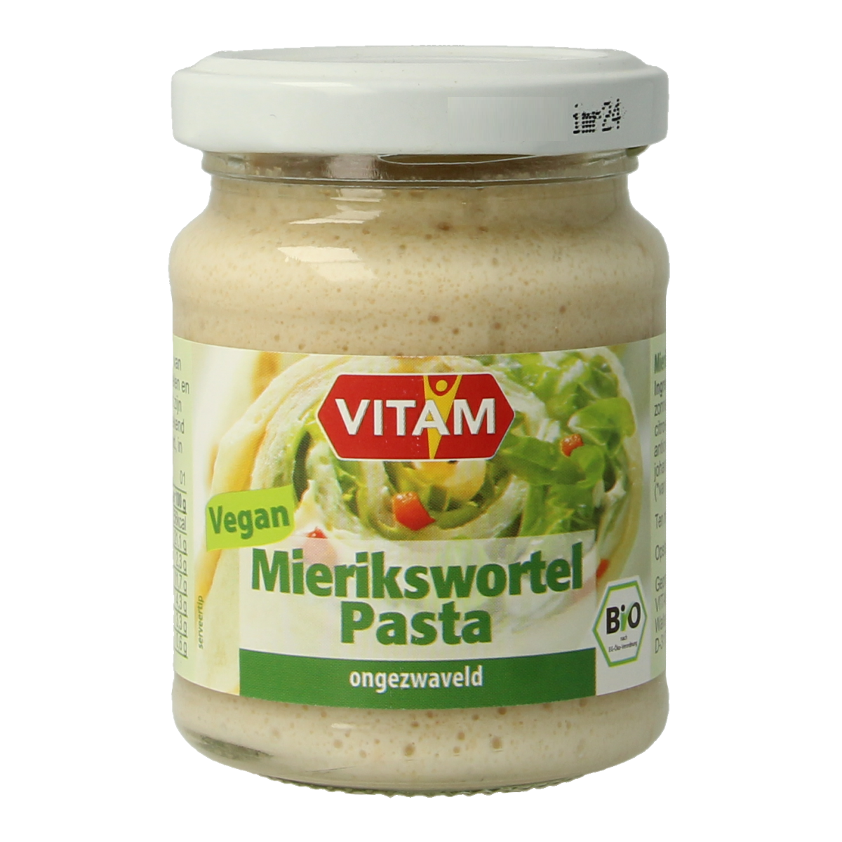 Vitam Mierikswortel bio pasta spread on bread, showing a jar with mustard-like yellow color and label details.