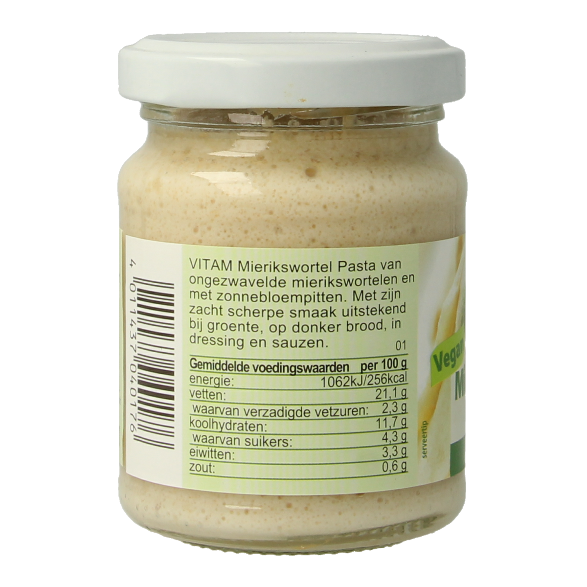 Vitam bio Mierikswortel pasta spread on bread, showing the jar with yellow mustard-like condiment and label details.