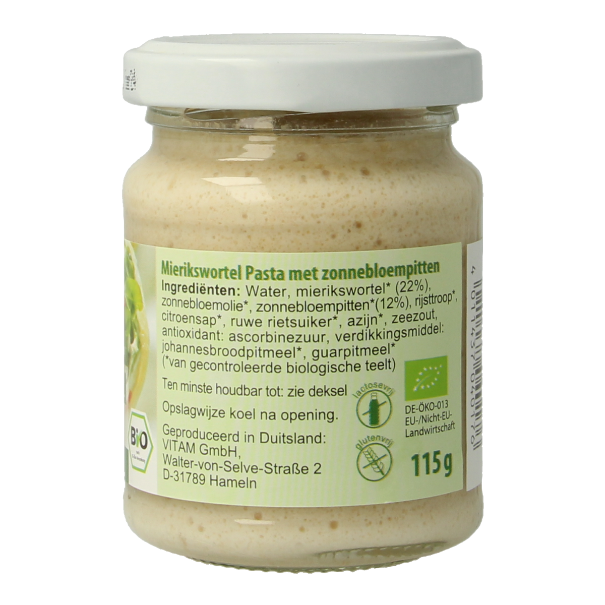 Vitam bio Mierikswortel pasta spread on bread, 115g jar, natural broodeg with bright orange mustard-like appearance
