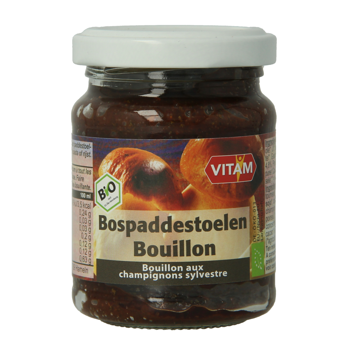 Vitam Bospaddenstoelen bio bouillon in 150g package, natural mushroom broth for soups and cooking, organic and flavorful.