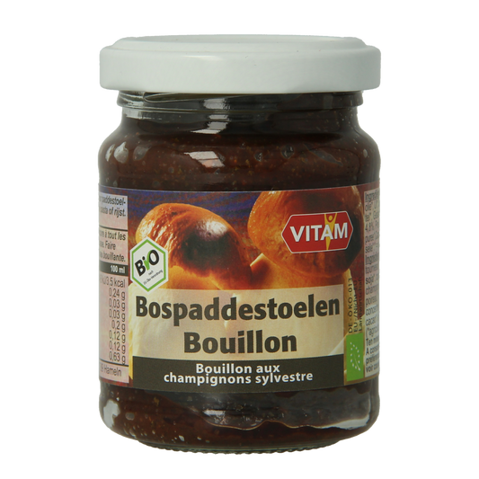 Vitam Bospaddenstoelen bio bouillon in 150g package, natural mushroom broth for soups and cooking, organic and flavorful.