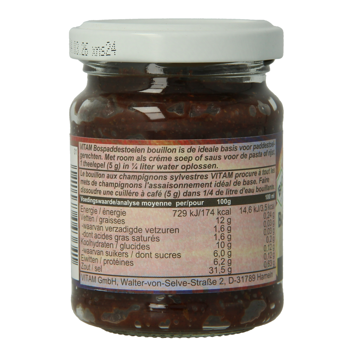Vitam organic mushroom bouillon in 150g package, featuring a close-up of the mushroom and broth ingredients.