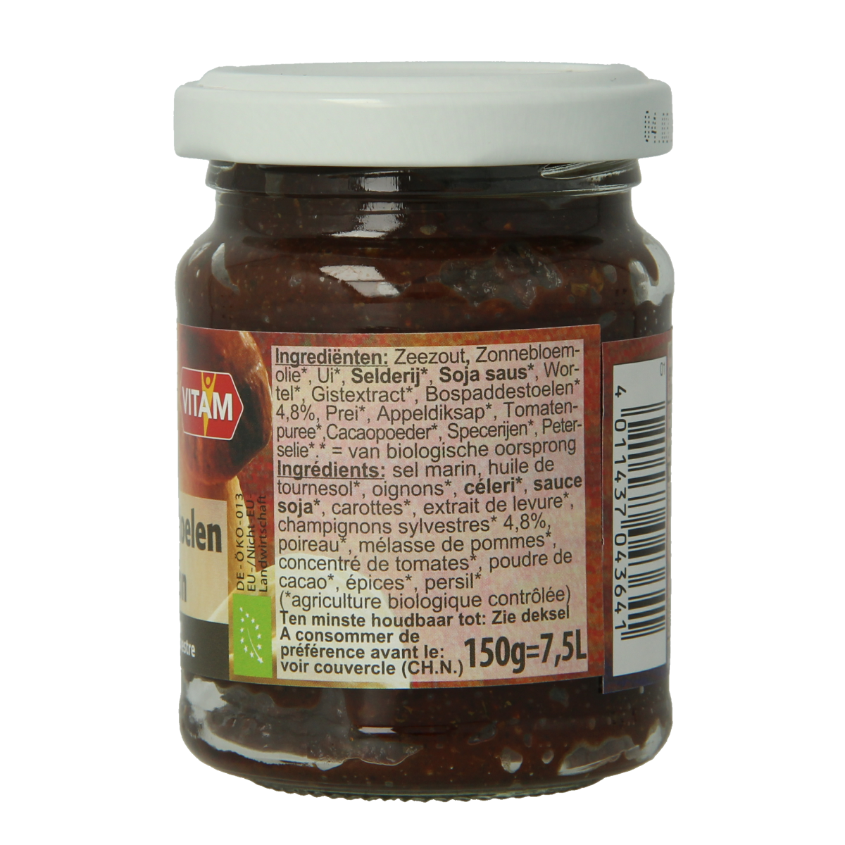 Vitam organic mushroom bouillon in a 150g package, showing a close-up of the soup powder with dried mushroom pieces.