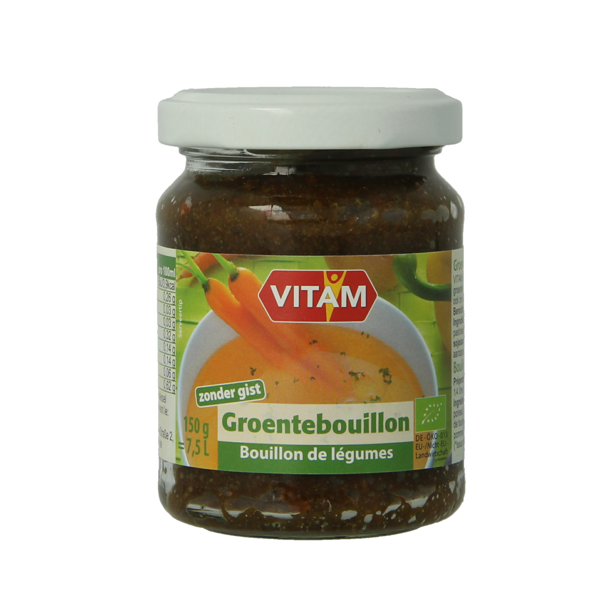 Vitam organic vegetable bouillon without yeast in 150g package, shown in a clear image with fresh vegetables and product packaging.