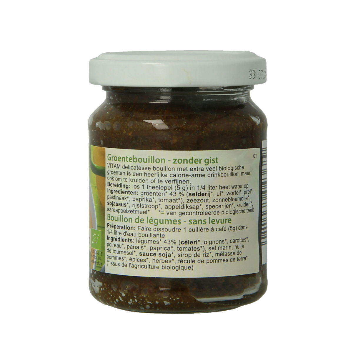 Vitam organic vegetable bouillon without yeast in 150g pack, shown in a clear image of the product packaging.