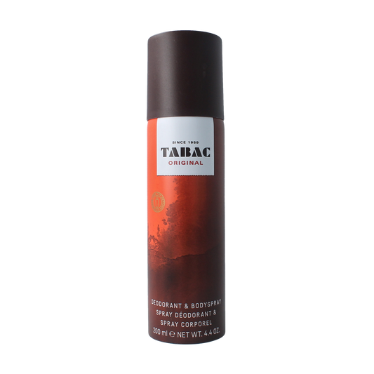 Tabac Original deodorant spray 200ml bottle with a white label and cap, designed for men’s fresh scent and odor protection.