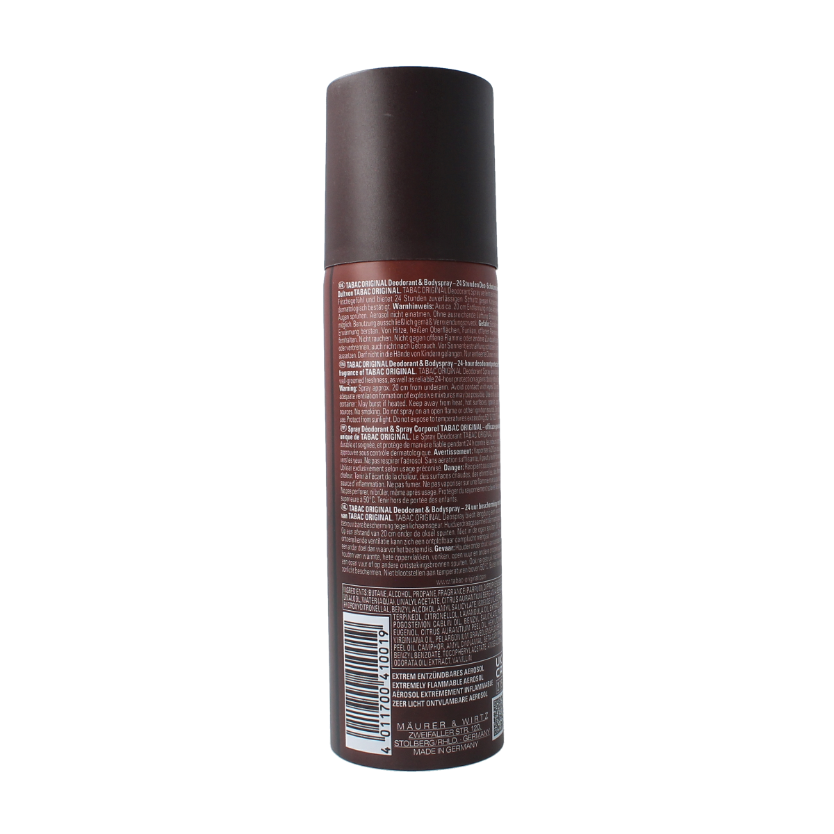 Tabac Original deodorant spray bottle with 200ml capacity, featuring a sleek design and silver cap, on a white background.