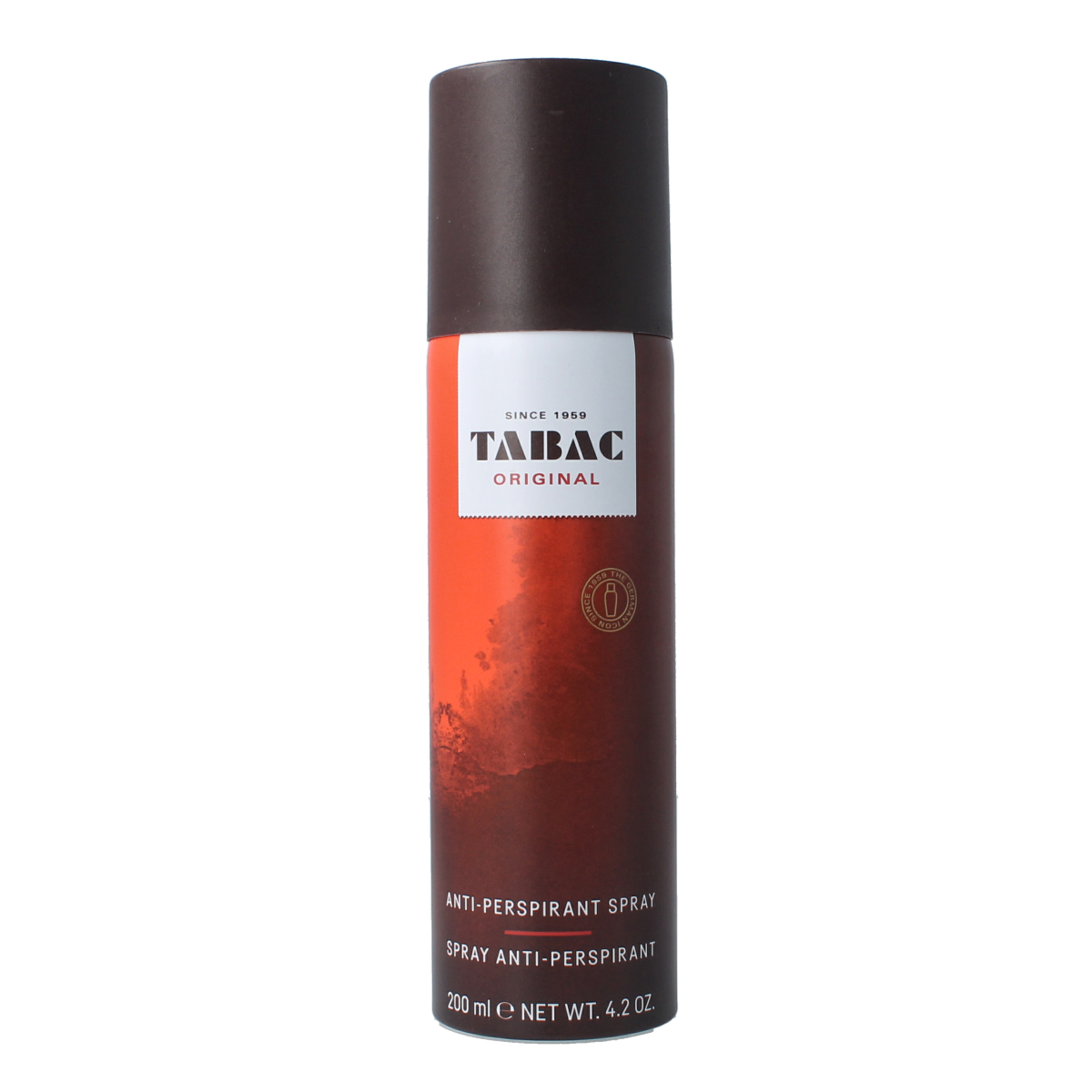 Tabac Original anti-perspirant spray bottle, 200ml, with classic branding and silver cap, for freshness and odor protection.