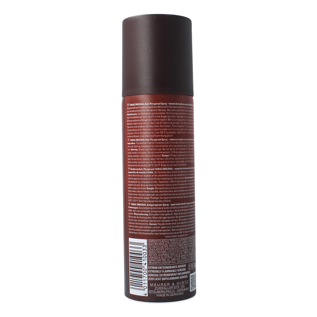 Tabac Original anti-perspirant spray in 200ml bottle, featuring classic Tabac fragrance with a sleek design and white packaging.