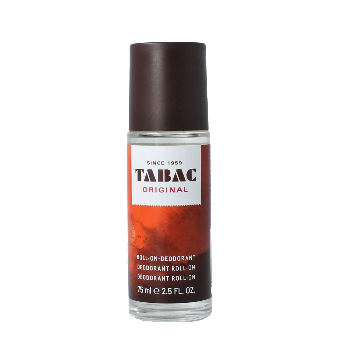 Tabac Original deodorant roll-on bottle, 75ml, with classic packaging and white cap, designed for men’s daily freshness and odor protection.