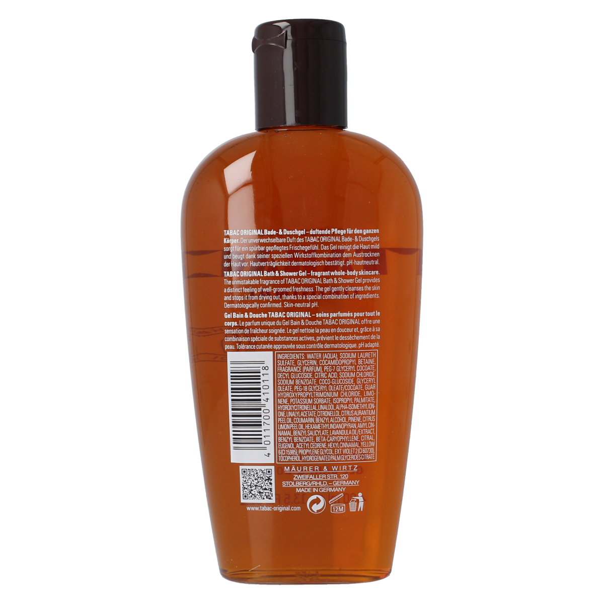 Tabac Original bath and shower gel, 400ml, in clear bottle with label, suitable for cleansing and refreshing the skin.