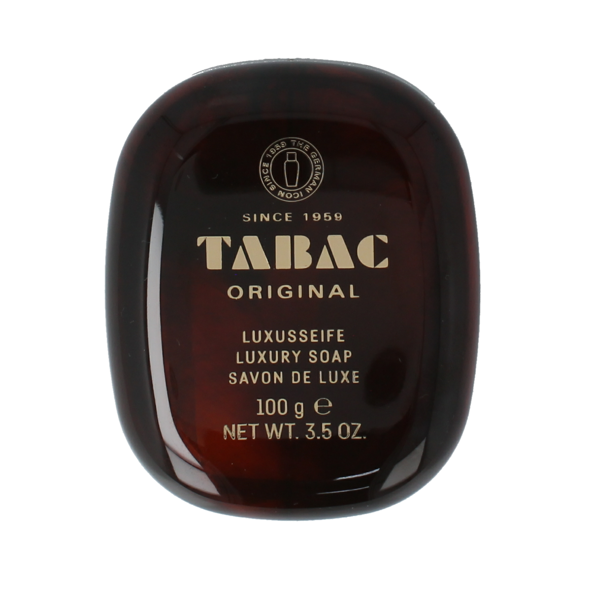 Tabac Original soap with plastic holder, 100g, in a classic rectangular soap bar with branding details visible.