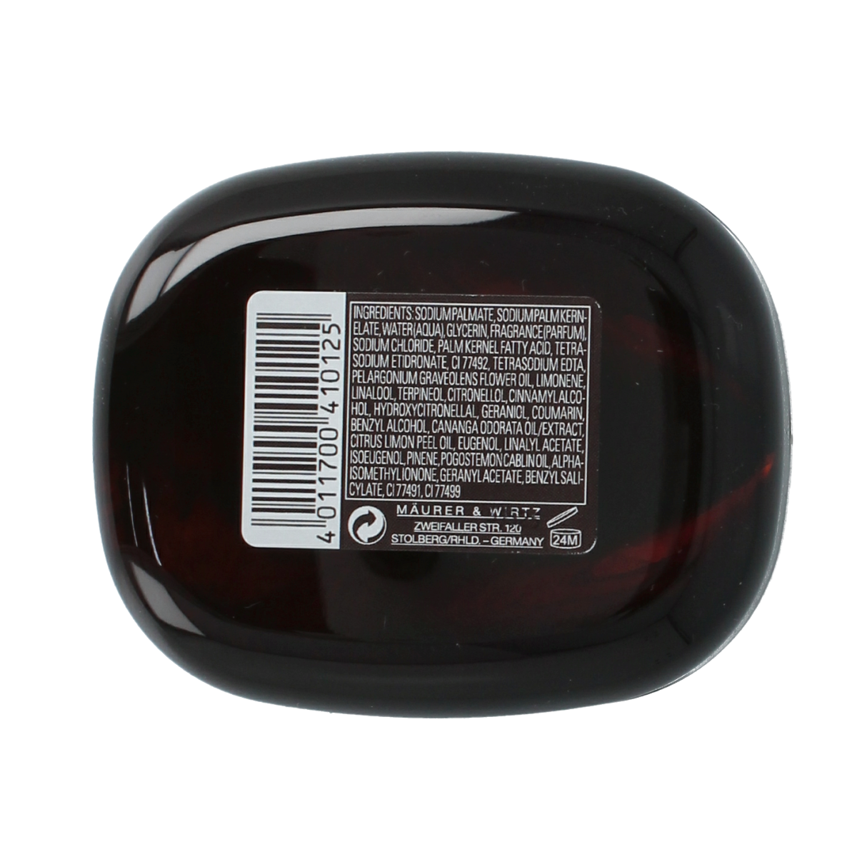 Tabac Original soap bar with plastic holder, 100g, showing the white soap and clear plastic container.