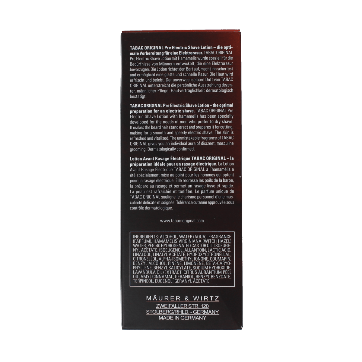 Tabac Original pre-electric shave splash bottle, 100ml, facial skincare product with classic label and transparent cap.