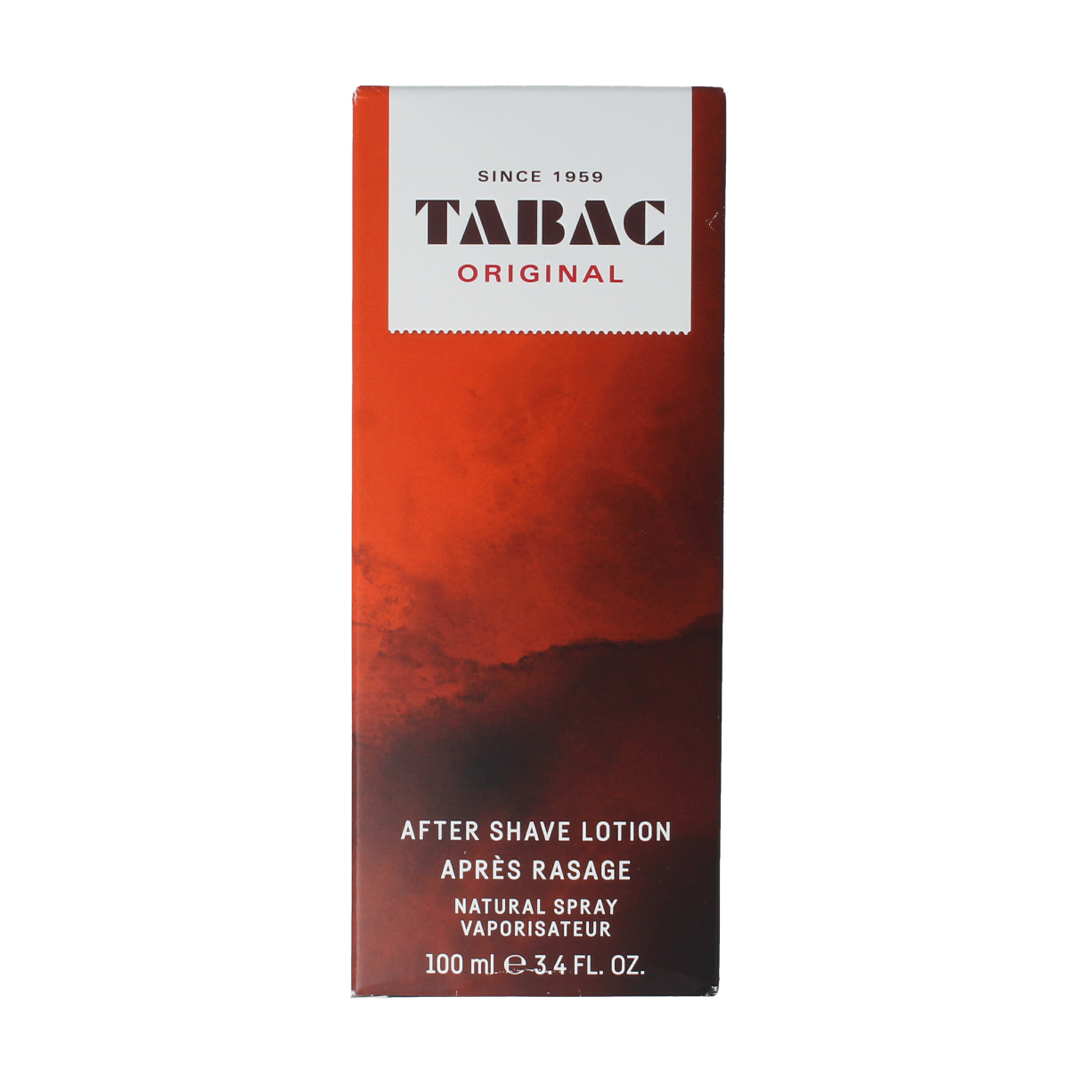 Tabac Original aftershave lotion spray bottle, 100ml, with classic design and natural scent, used for post-shaving skin care.
