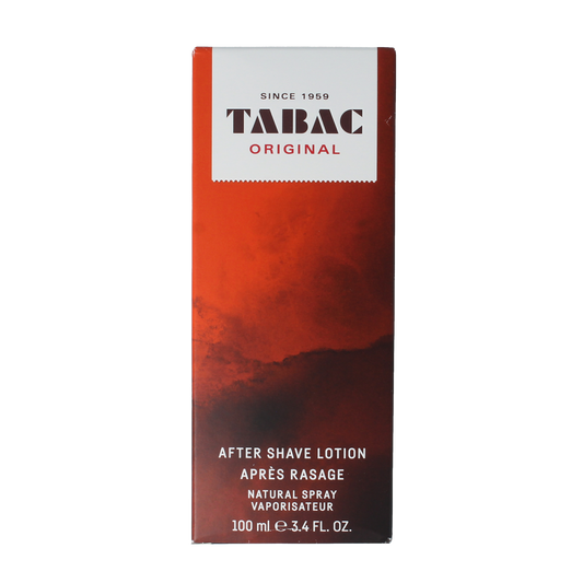 Tabac Original aftershave lotion spray bottle, 100ml, with classic design and natural scent, used for post-shaving skin care.