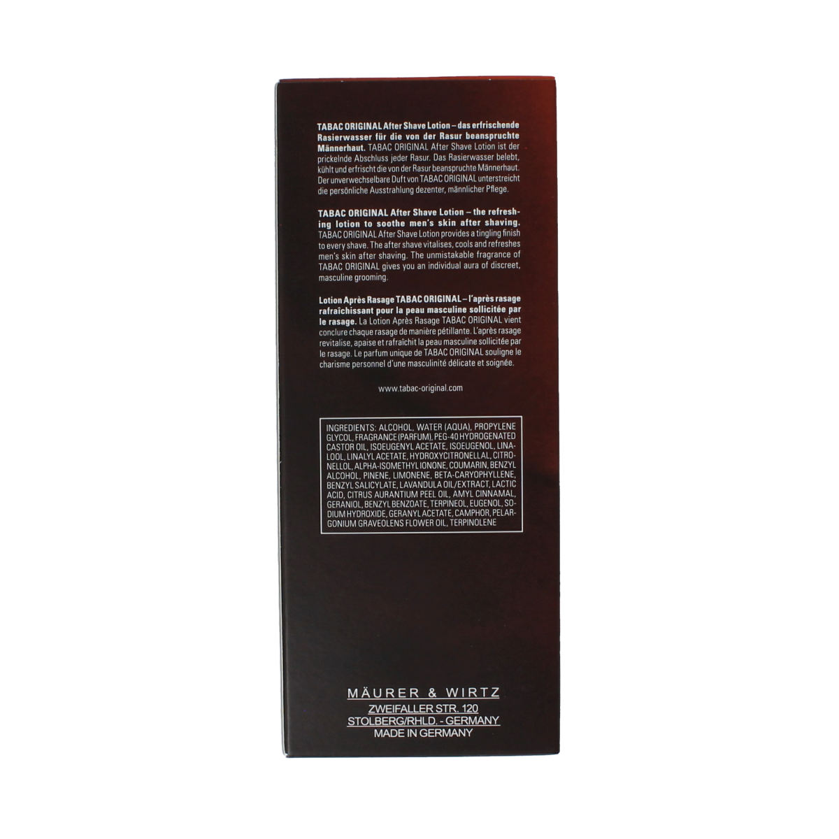 Tabac Original aftershave lotion in 200ml bottle, with classic packaging, for soothing and refreshing men's shaving aftercare.