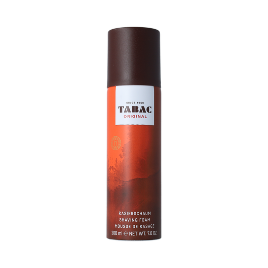 Tabac shaving foam in a 200ml container, with a Scheerinstrumenten razor and foam lather for a close shave.