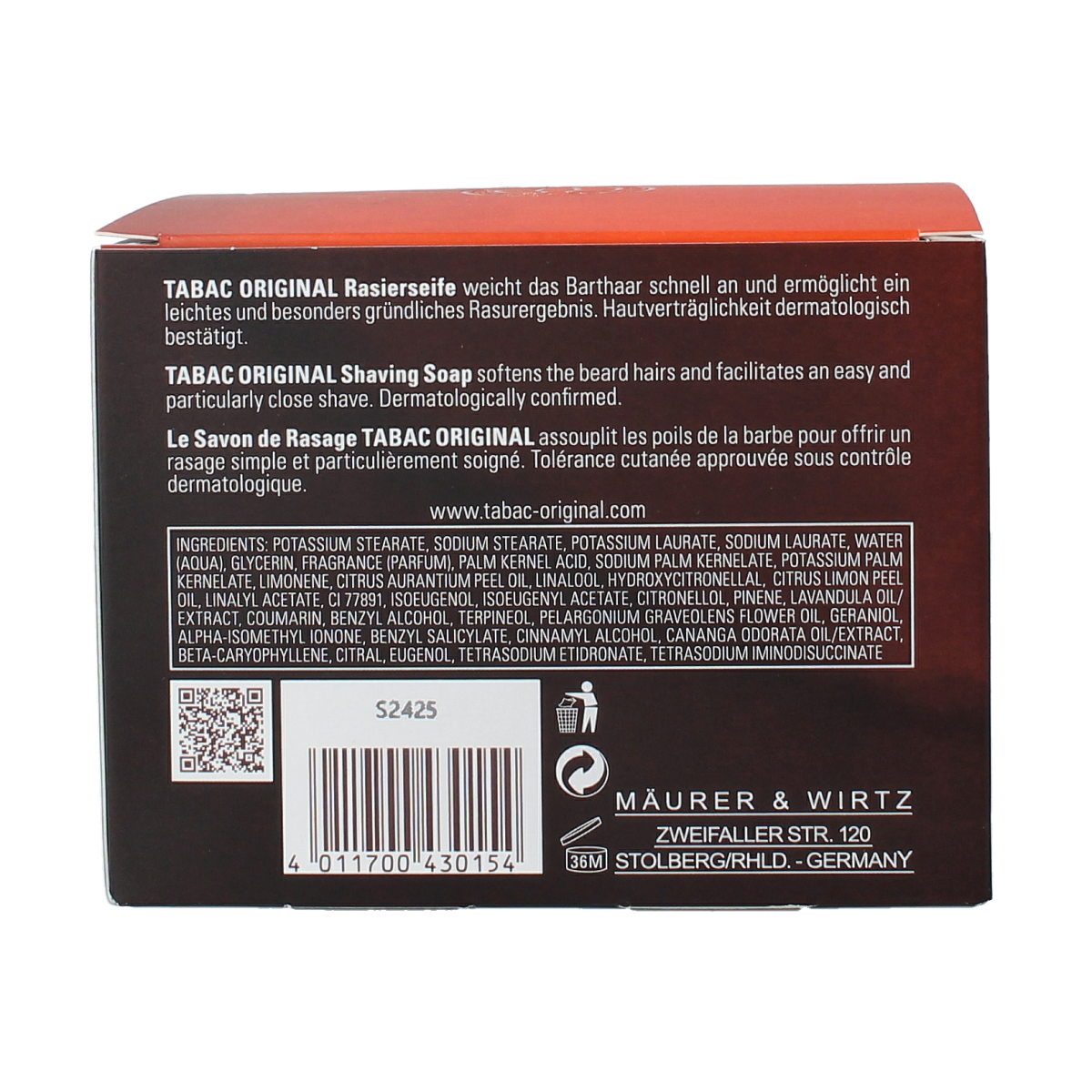 Tabac Original shaving soap bowl with 125g of creamy soap, featuring classic packaging and rich lather for a traditional shave.