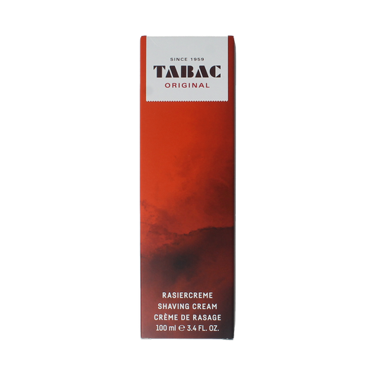 Tabac Original shaving cream in a 100ml tube, designed for shaving and hair removal, with classic branding and packaging.