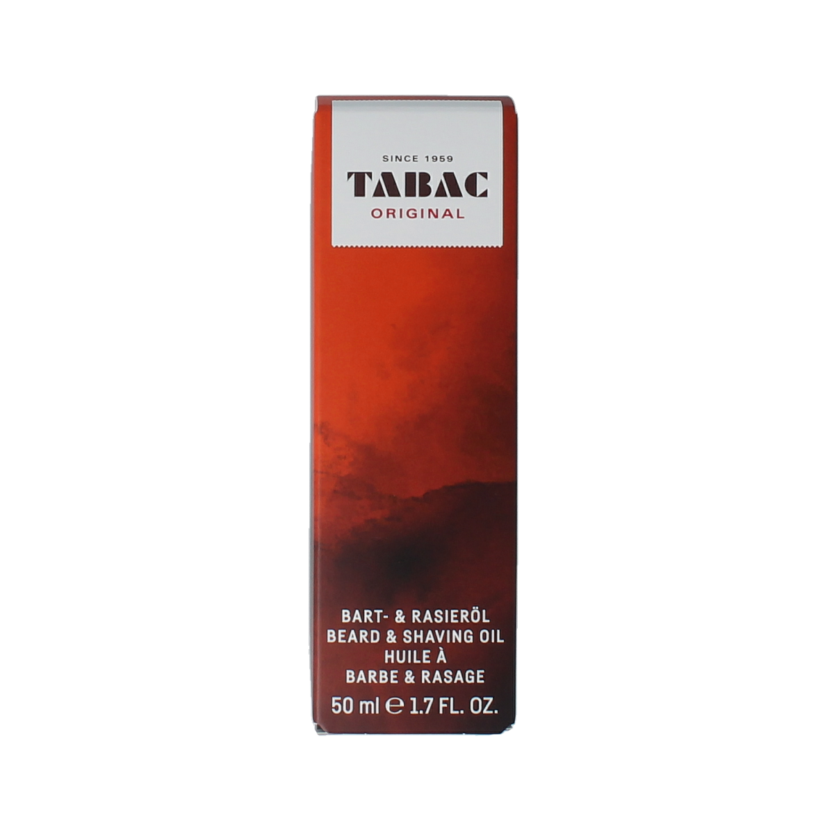 Tabac Original beard and shaving oil 50ml bottle, facial skincare product with a clear label and black cap