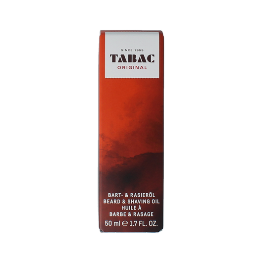 Tabac Original beard and shaving oil 50ml bottle, facial skincare product with a clear label and black cap