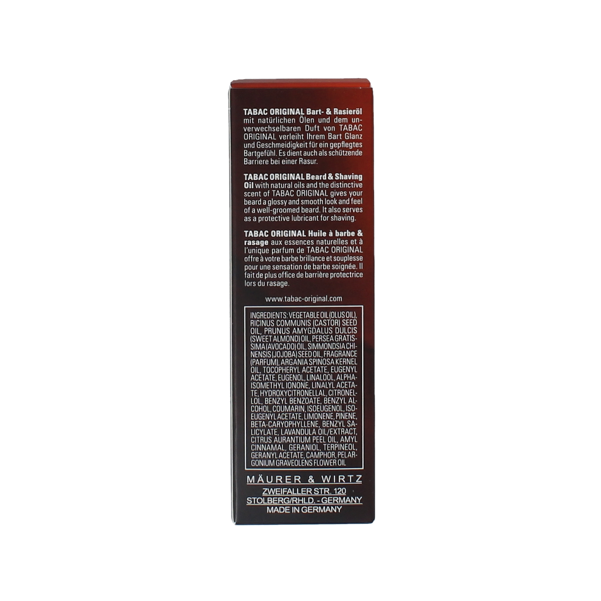 Tabac Original beard and shaving oil 50ml in a clear bottle, facial skincare product for men with a sleek label design.