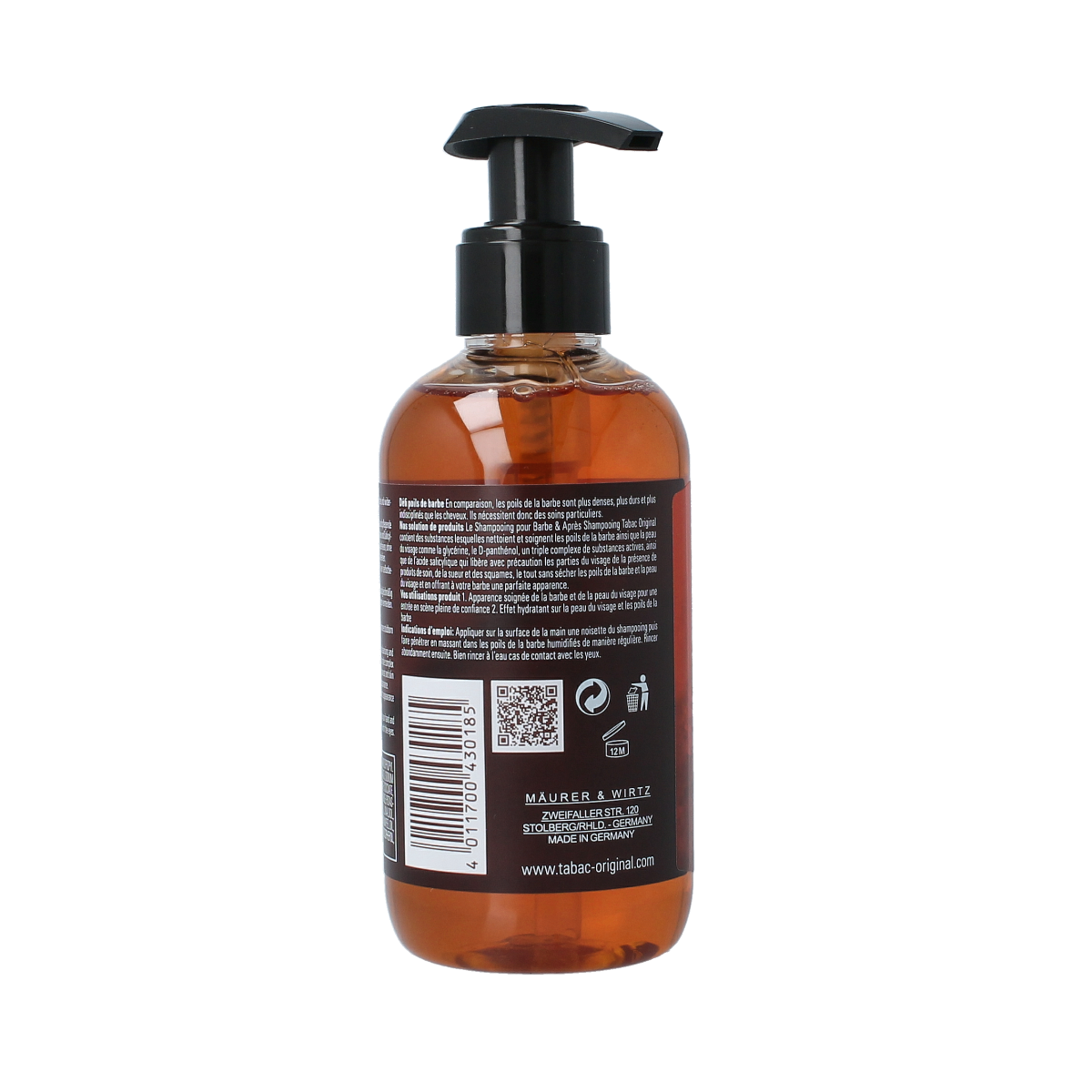 Tabac Original beard shampoo bottle, 200ml, in a sleek packaging, demonstrating hair care for men.
