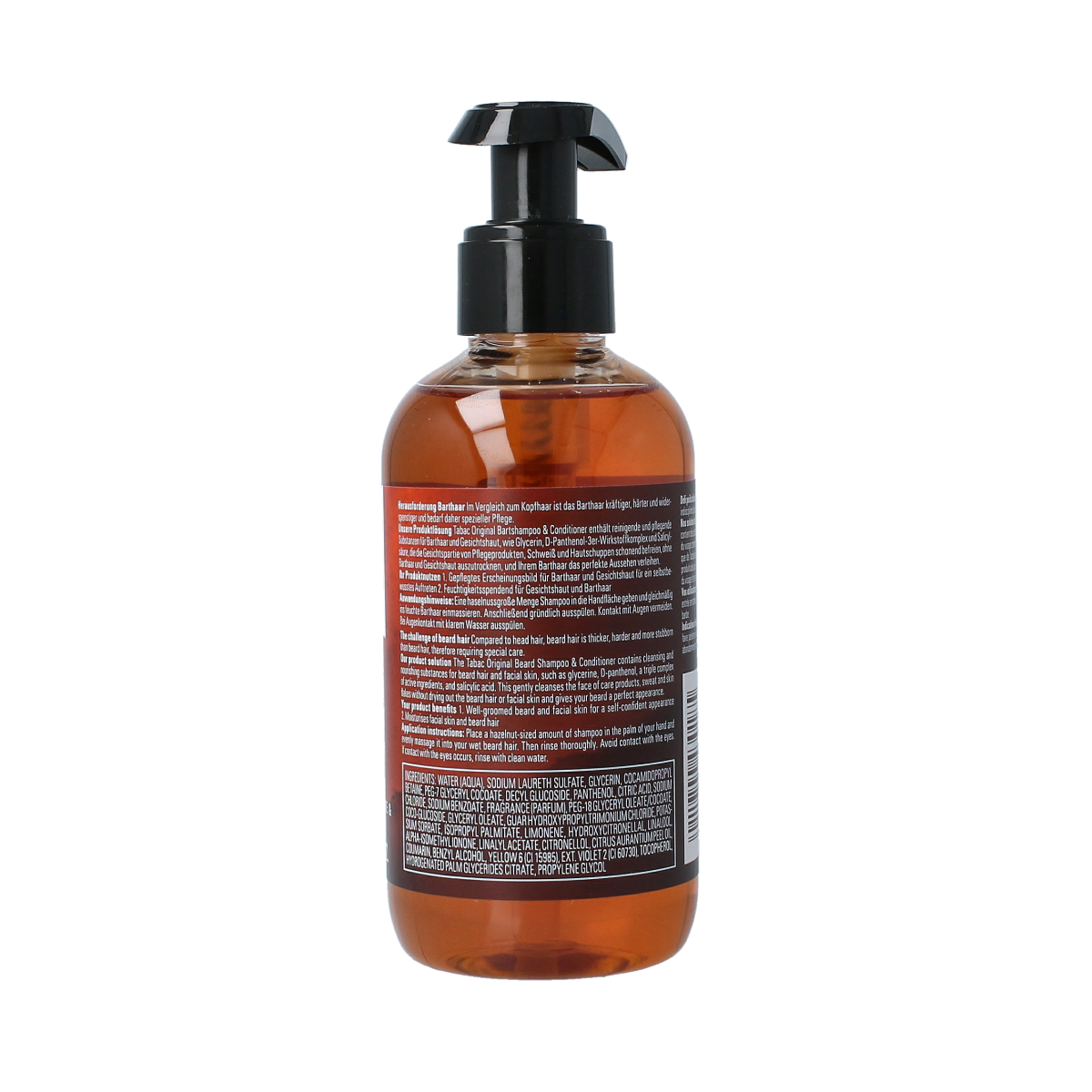 Tabac Original beard shampoo bottle, 200ml, for hair and beard care, with black and white packaging and product label visible.