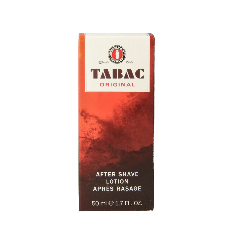 Tabac Original aftershave lotion in 50ml bottle, with classic label and cap, designed for men's grooming and aftershave use
