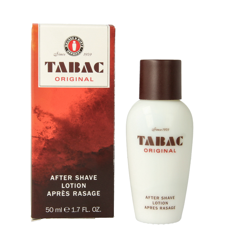 Tabac Original aftershave lotion in 50ml bottle, featuring classic design and label, ideal for soothing after shaving.
