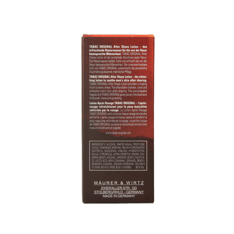 Tabac Original aftershave lotion in a 50ml bottle, featuring classic packaging and branding, for soothing post-shave skin.