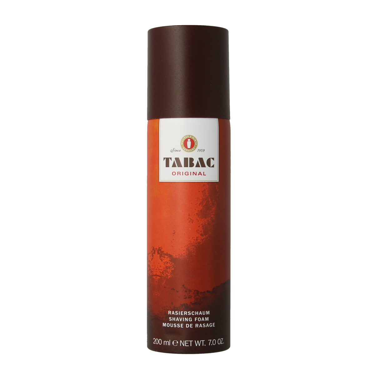 Tabac Original shaving foam in 200ml container, suitable for shaving and hair removal, with a rich, creamy texture.
